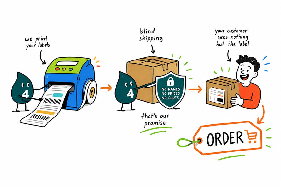 Wally from 4OVER4 handing off a plain, unbranded parcel that ships under your brand, with no 4OVER4 logo anywhere on the box