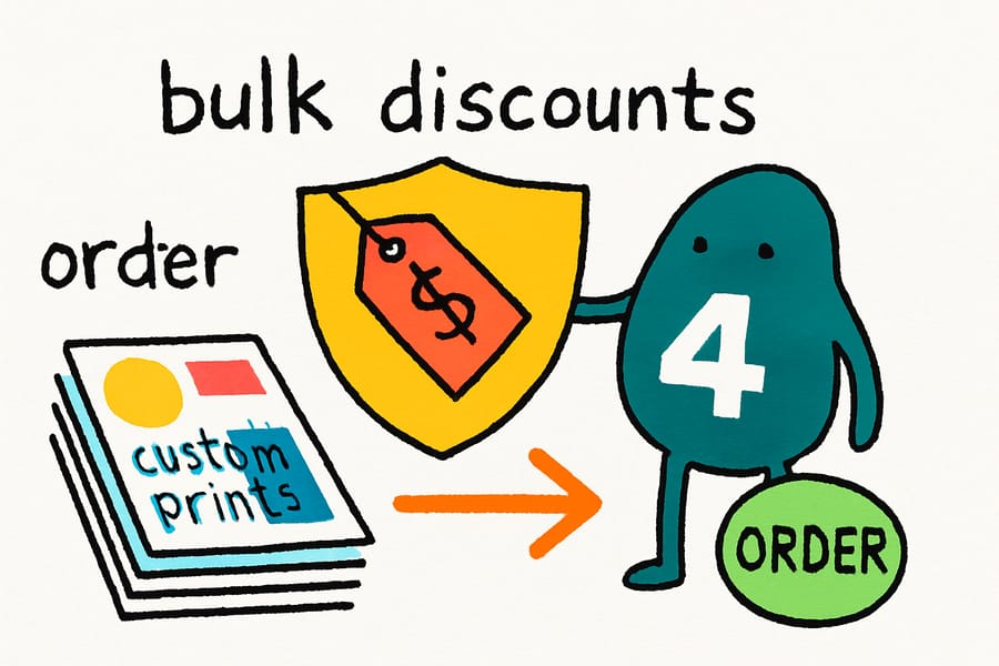 Wally from 4OVER4 stacking printed business cards into rising tiers while the per-unit price drops