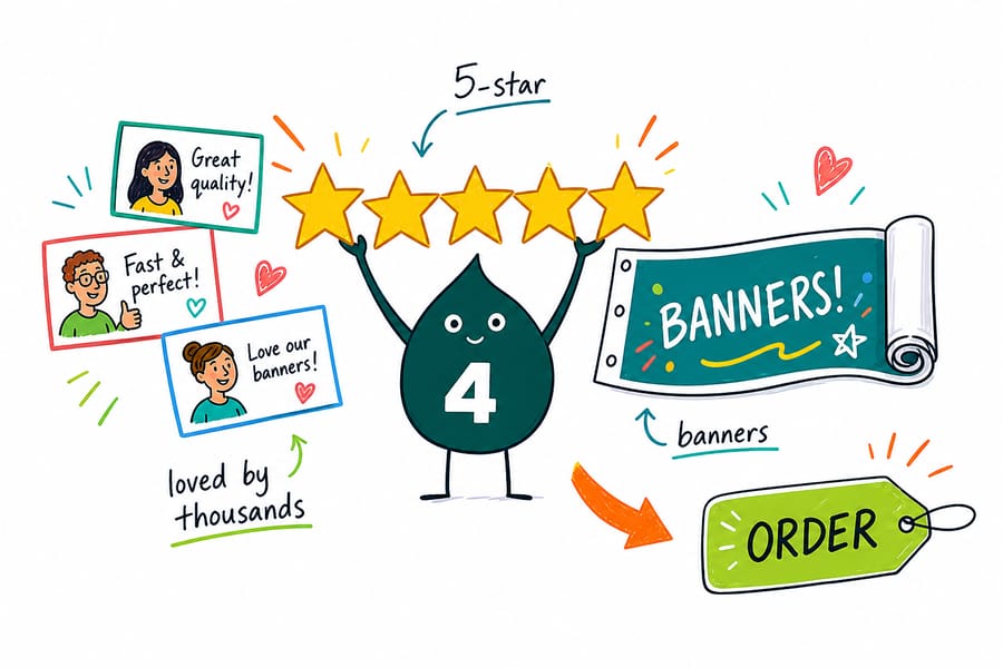 Wally from 4OVER4.COM weighs a banner against a 4.8 star rating to show the print quality buyers review