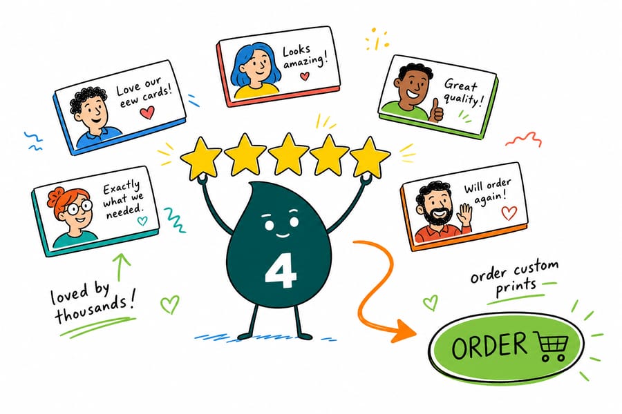 Wally from 4OVER4.COM weighs a business card against a 4.8 star rating to show the paper quality buyers review