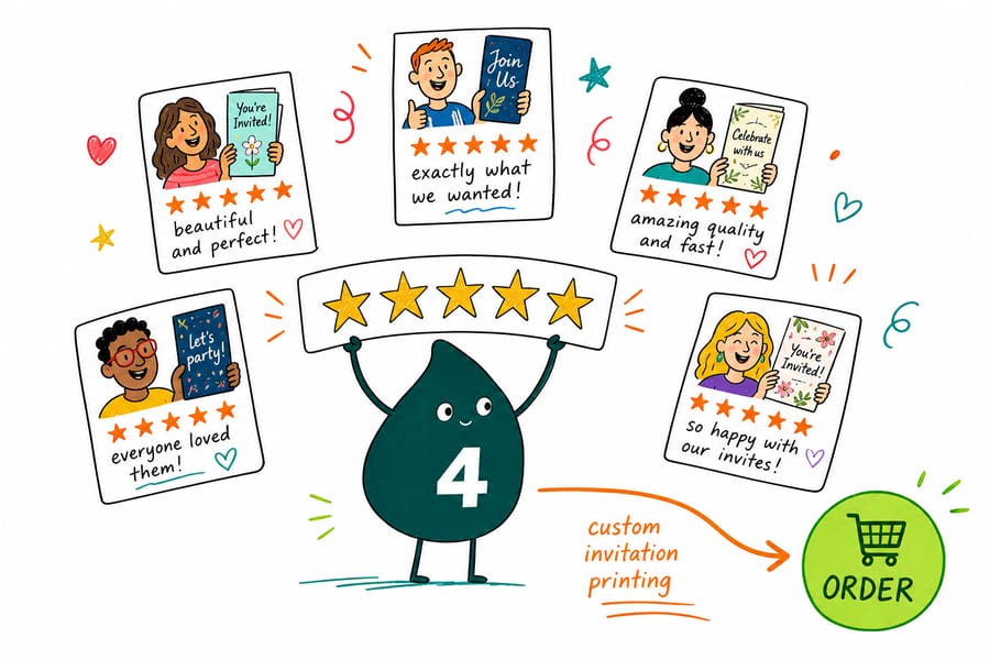Wally from 4OVER4.COM holds a premium invitation beside a 4.8 star rating to show the paper quality buyers review
