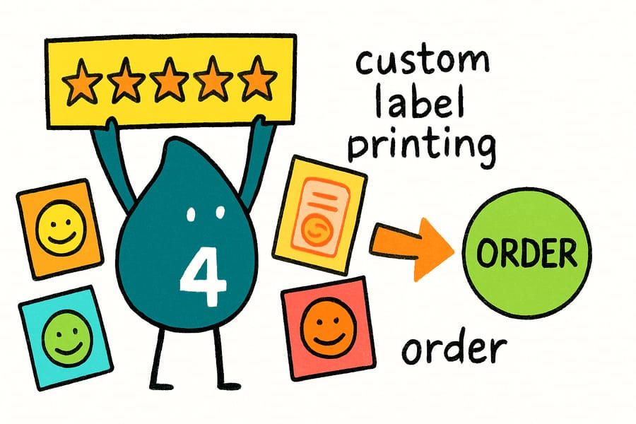 Wally from 4OVER4.COM weighs a custom label against a 4.8 star rating to show the print quality and adhesion buyers review