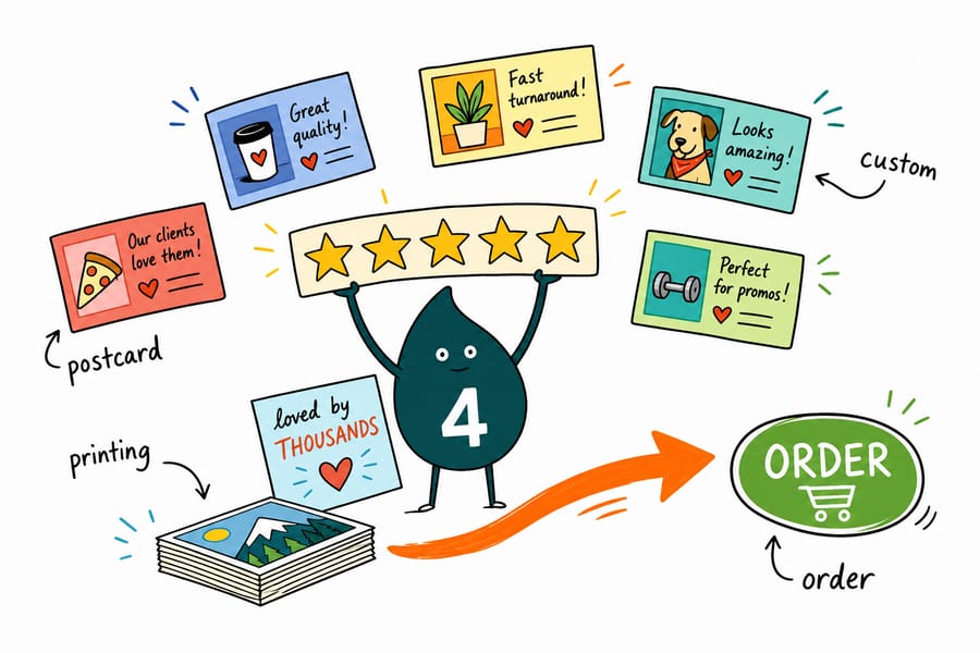 Wally from 4OVER4.COM weighs a postcard against a 4.8 star rating to show the print quality buyers review
