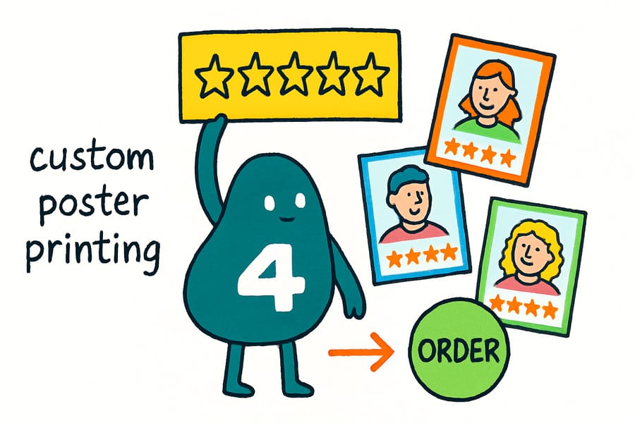 Wally from 4OVER4.COM weighs a poster against a 4.8 star rating to show the print quality buyers review