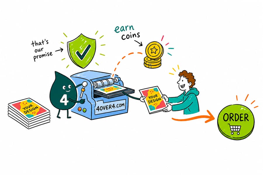 Wally from 4OVER4 dropping loyalty coins into a growing balance as each print order ships