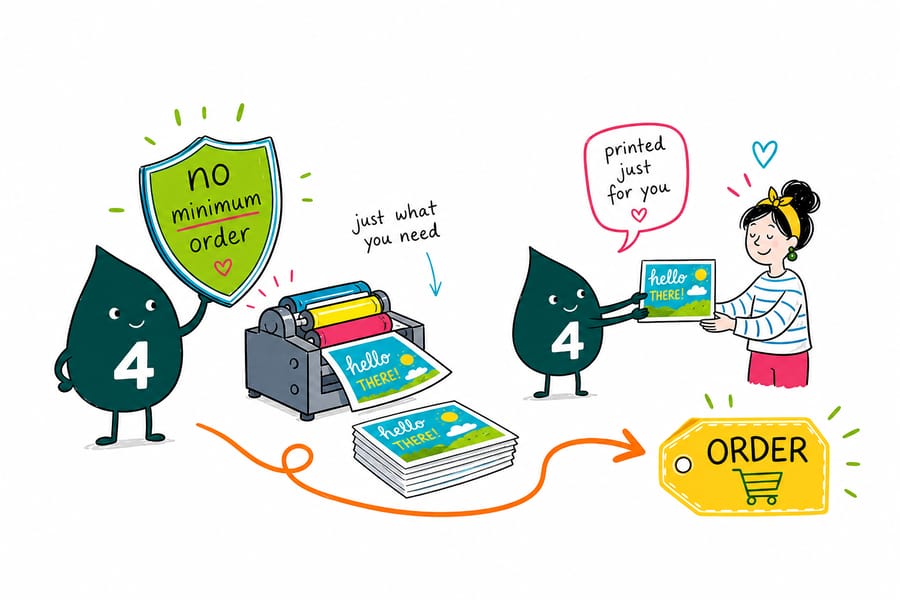 Wally from 4OVER4 holding a single freshly printed card beside a small stack, showing there is no minimum order