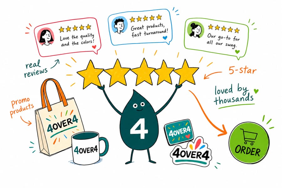 Wally from 4OVER4.COM weighs branded promotional products against a 4.8 star rating to show the print quality buyers review
