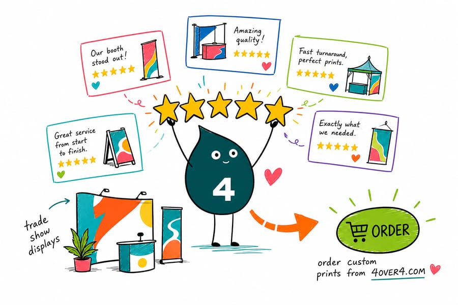 Wally from 4OVER4.COM weighs a trade show display against a 4.8 star rating to show the print quality exhibitors review