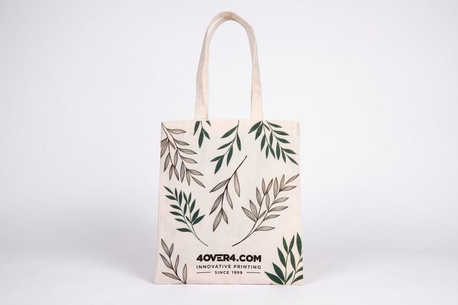 Cotton totes from 4OVER4 with a botanical print on the front panel