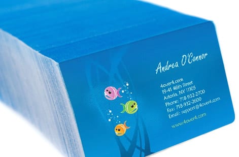 A print-ready business card PDF with embedded fonts and images from 4OVER4