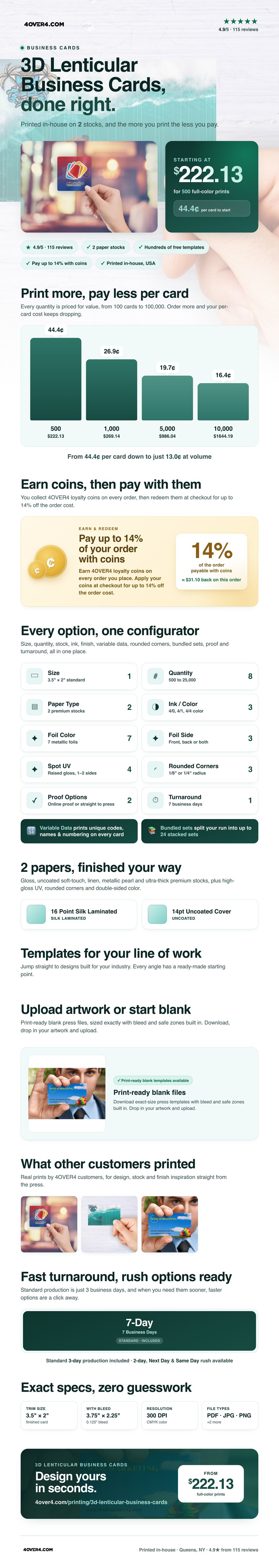3D Lenticular Business Cards pricing infographic