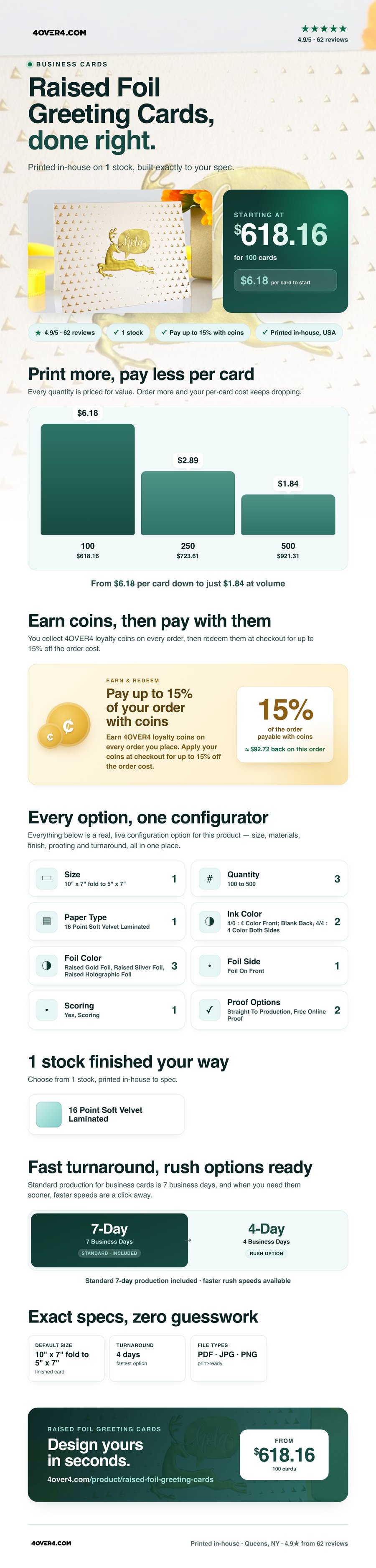 Raised Foil Greeting Cards pricing infographic