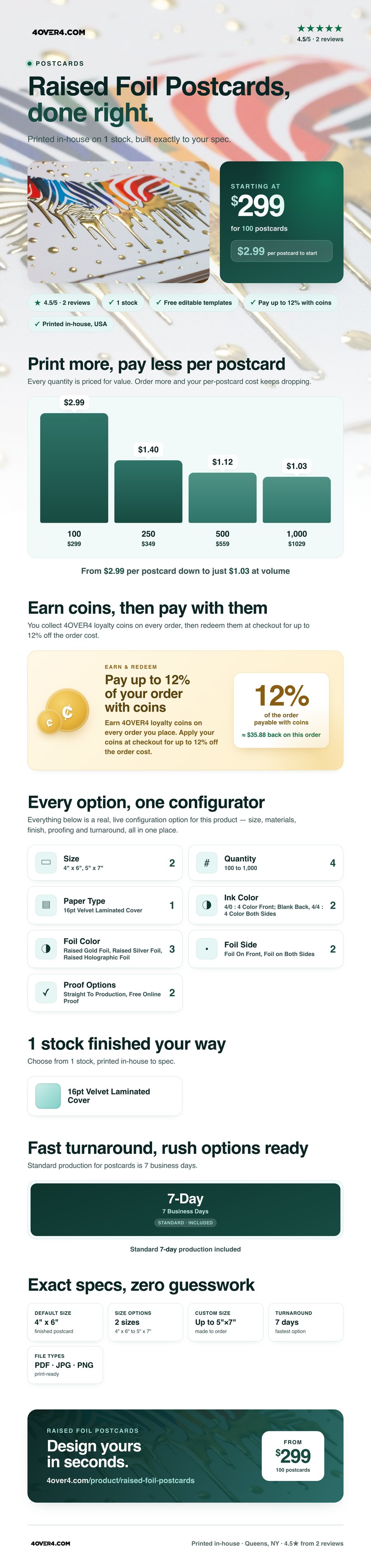 Raised Foil Postcards pricing infographic
