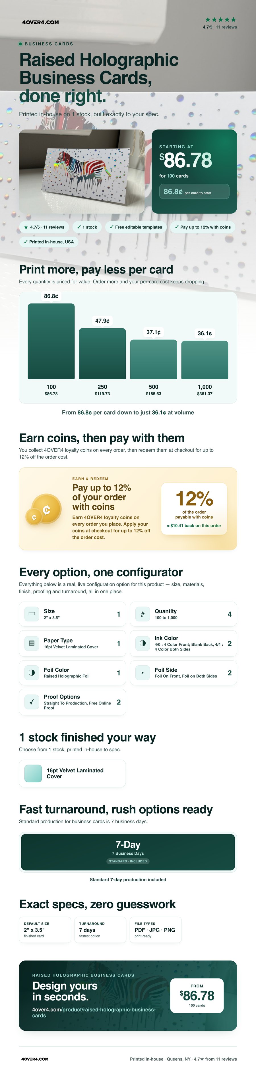 Raised Holographic Business Cards pricing infographic
