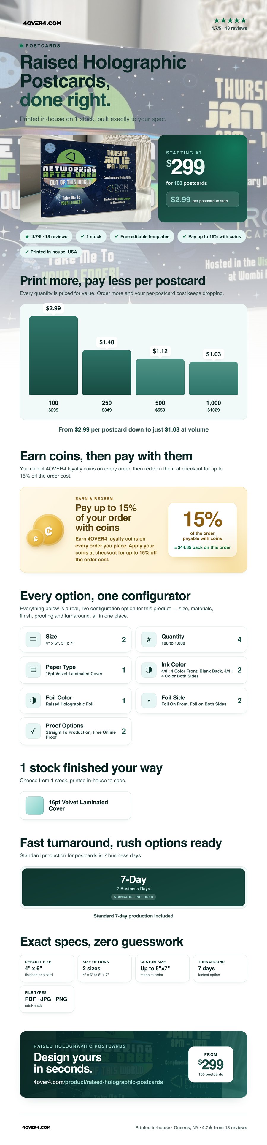 Raised Holographic Postcards pricing infographic