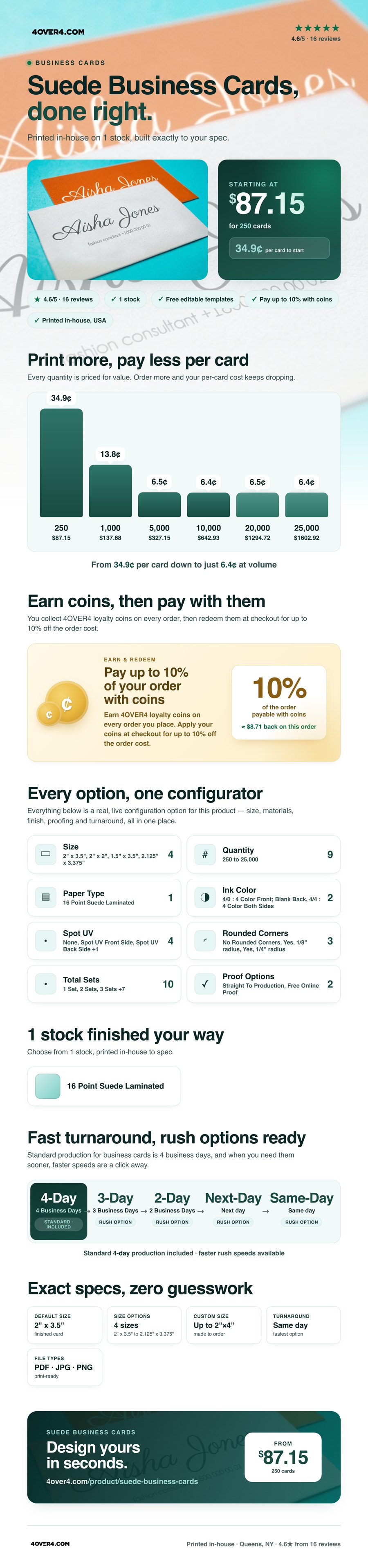 Suede Business Cards pricing infographic