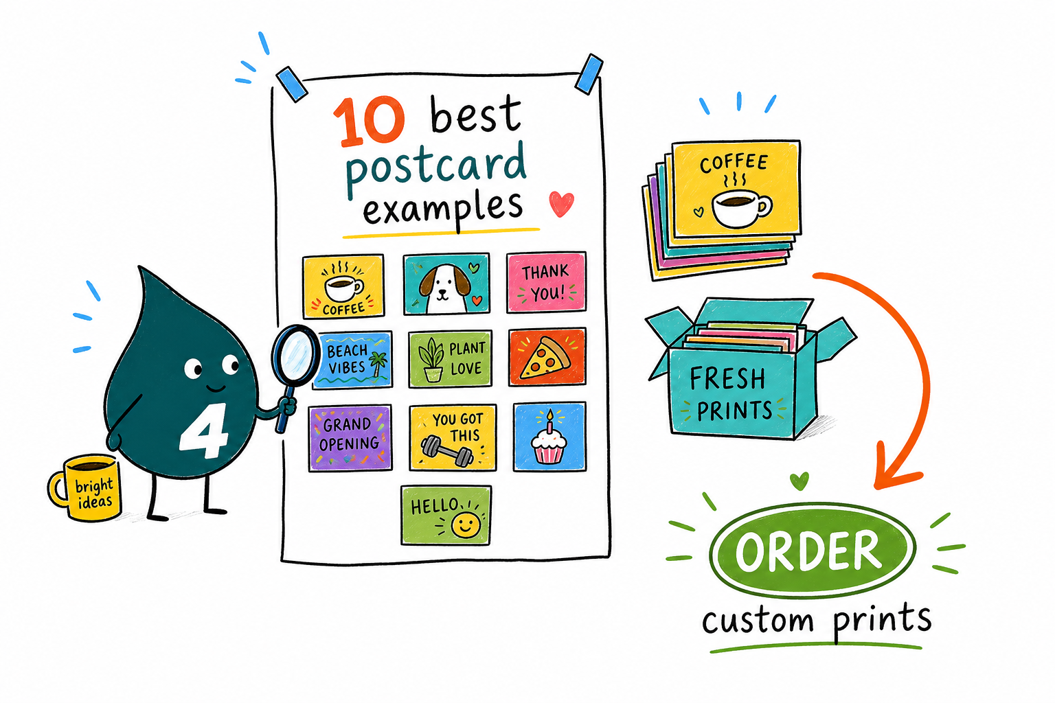 Wally from 4OVER4 planning a high-converting small business postcard with one clear offer and one call to action