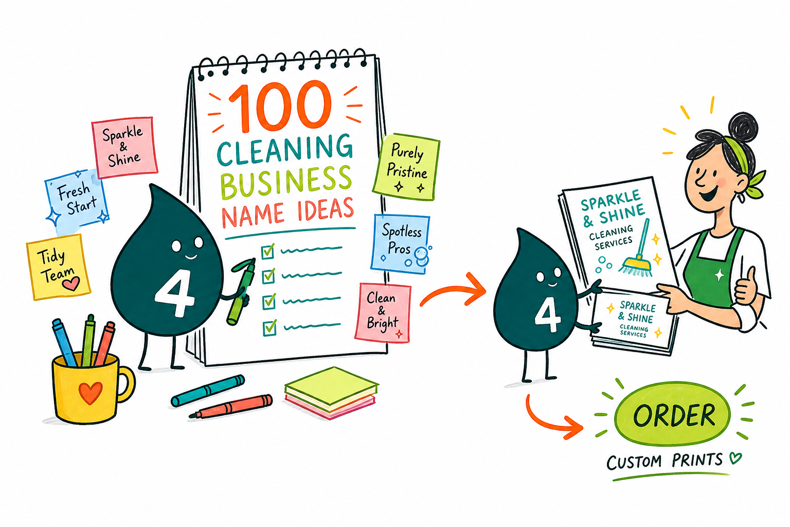 Wally from 4OVER4 helping a cleaning company choose a business name and print it on cards and door hangers