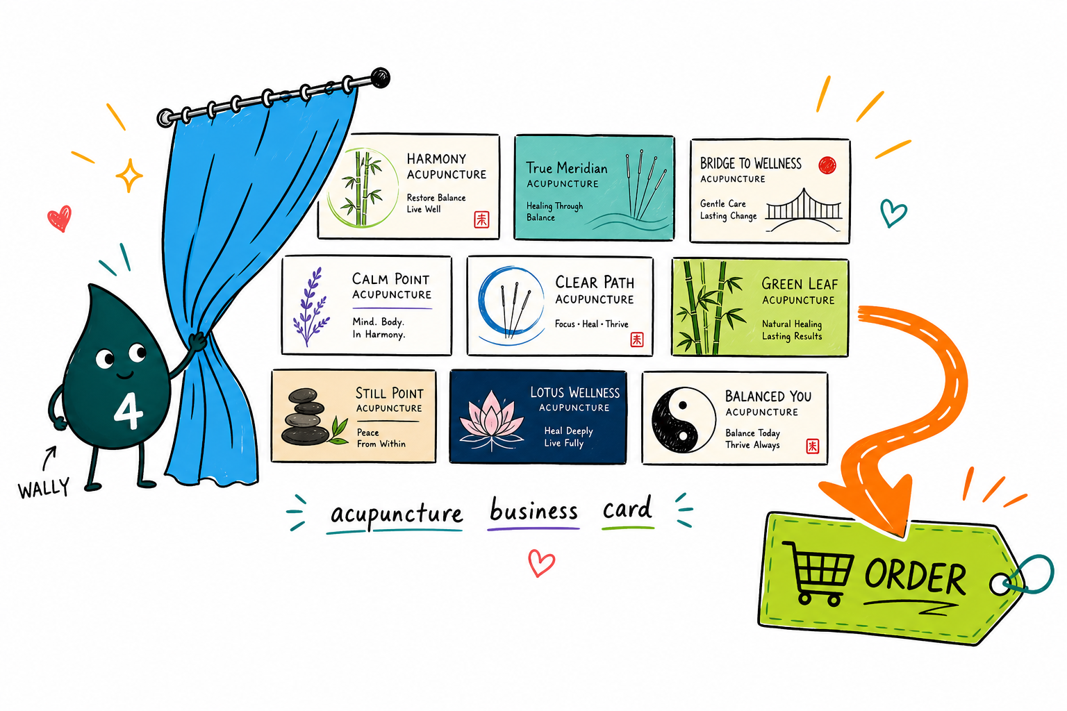 Wally the 4OVER4 mascot laying out a calm acupuncture business card with a license line and a booking QR code