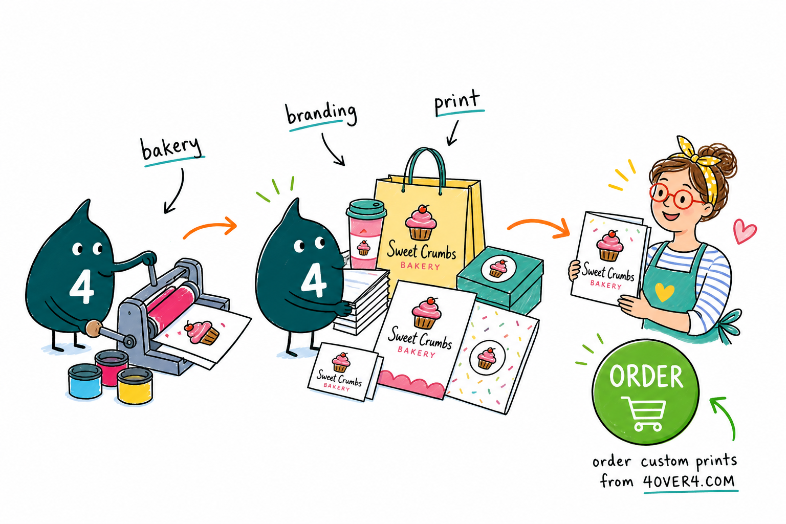 Wally, the 4OVER4 mascot holding a 4, arranging a bakery business card, flyer, menu, sticker, hangtag, banner, and box into one matching branded set