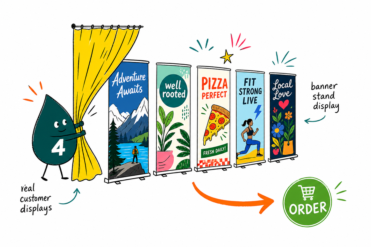 Wally the 4OVER4 mascot setting up a retractable banner stand in seconds at a trade show booth