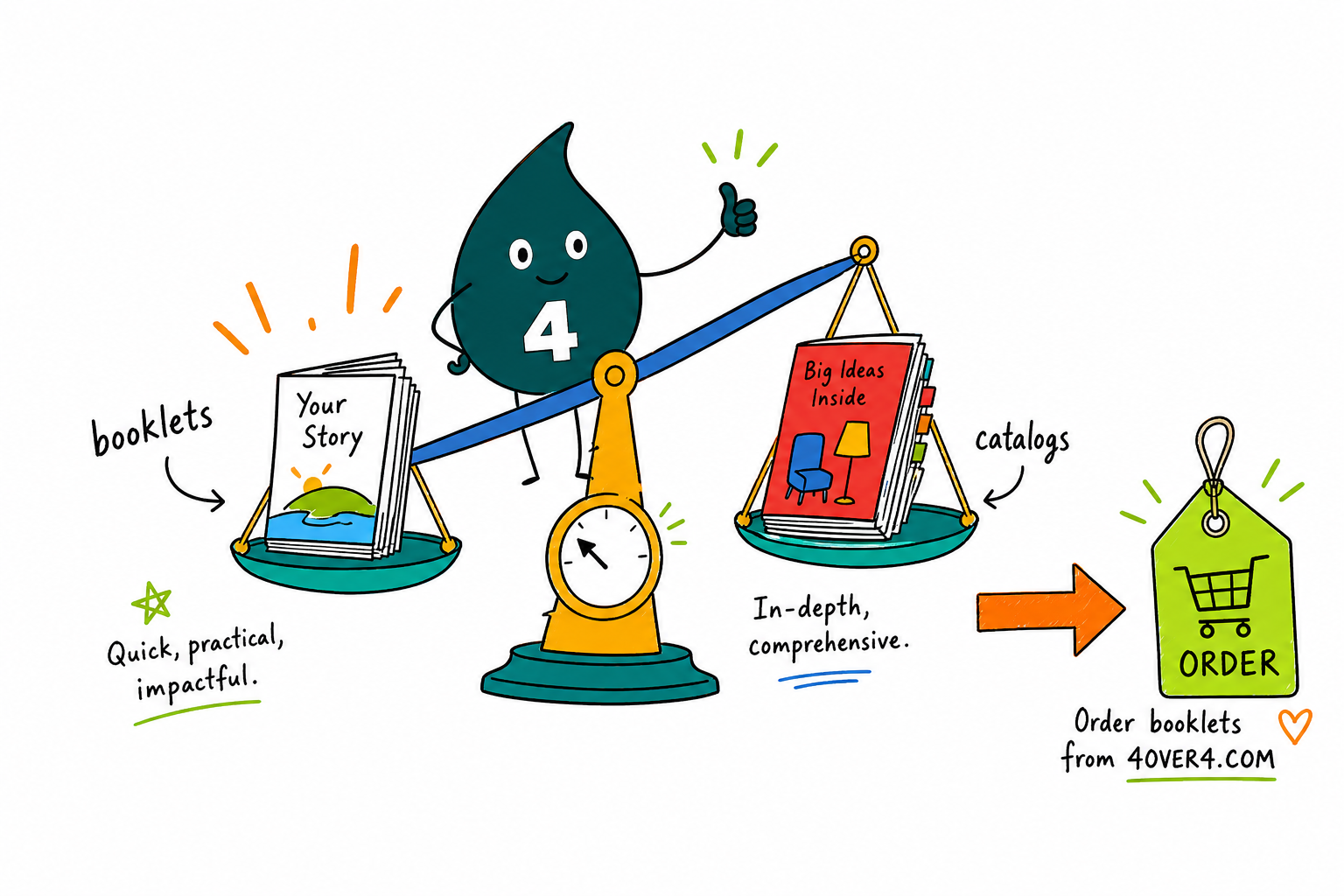 Wally, the 4OVER4 mascot holding a 4, weighing a slim informational booklet in one hand and a thick product catalog in the other to show the choice