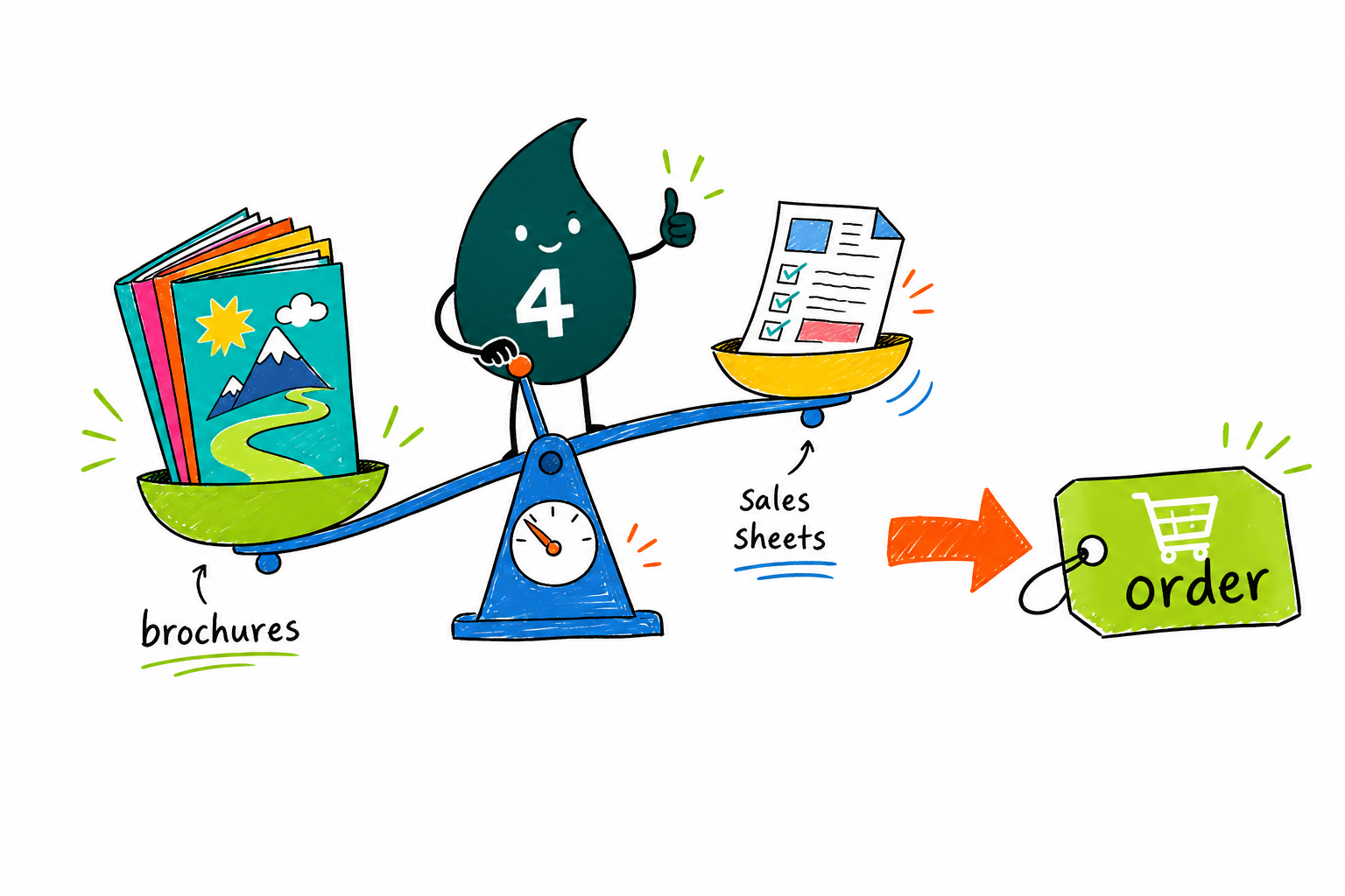 Wally, the 4OVER4 mascot holding a 4, opening a folded brochure in one hand and holding up a flat sales sheet in the other to show the choice