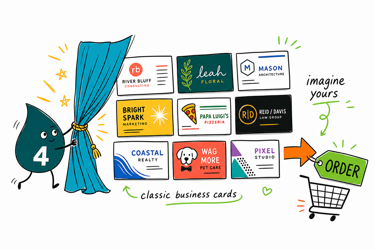 Wally the 4OVER4 mascot holding up a fan of business card examples in different shapes and finishes