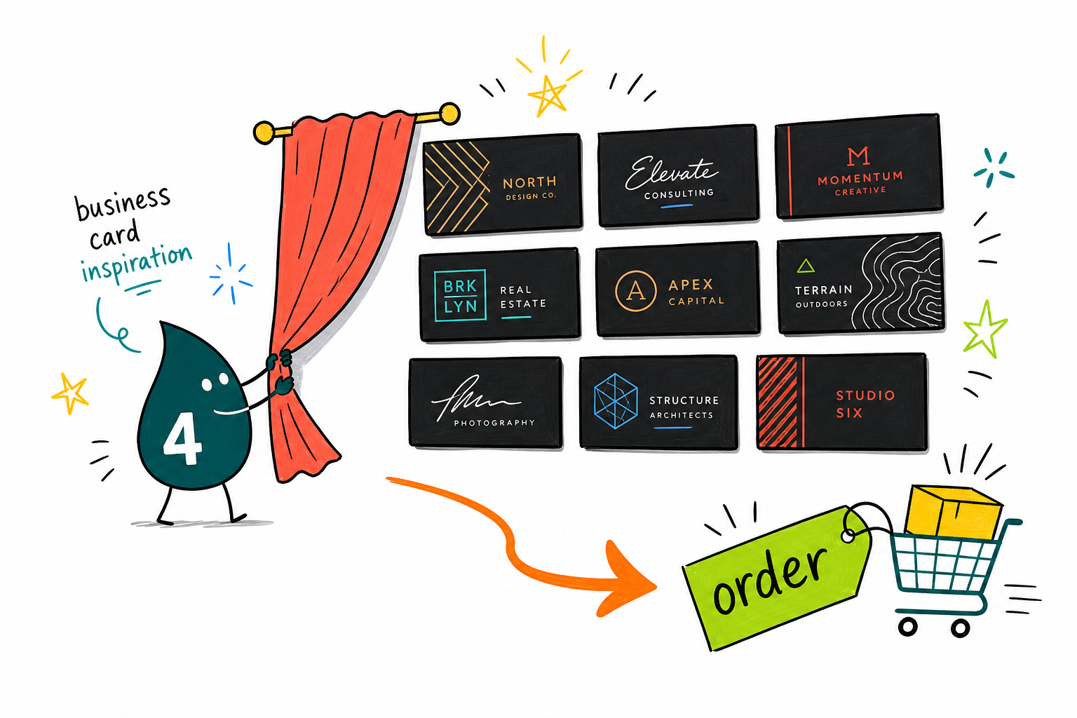 Wally the 4OVER4 mascot fanning out a set of business cards in different shapes and finishes as design inspiration