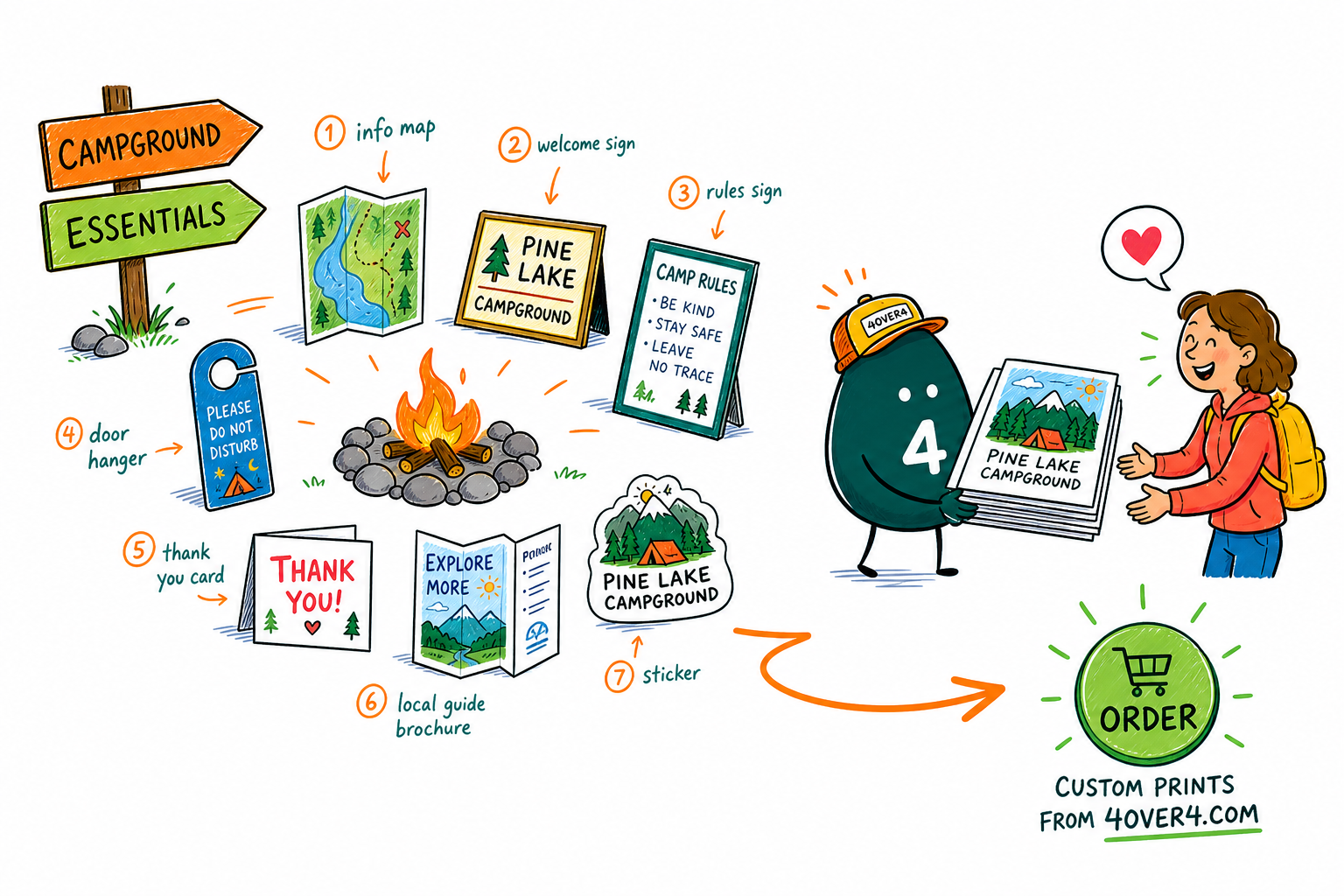 Wally, the 4OVER4 mascot holding a 4, staking a directional yard sign and setting up an A-frame, banner, and brochure as one matching campground set