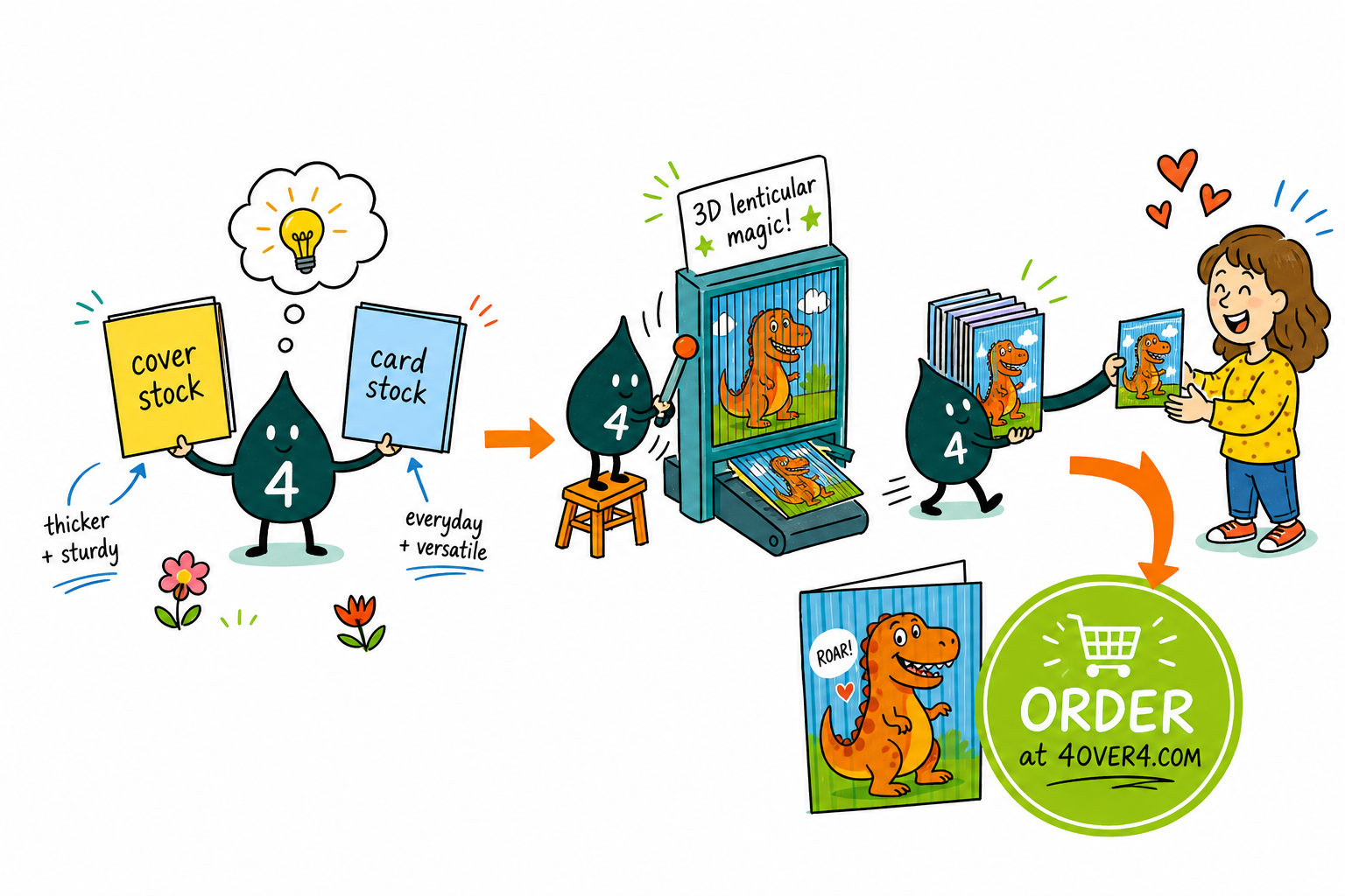 Wally, the 4OVER4 mascot holding a 4, weighing a sheet of cover stock against a stack of cardstock to show they are the same paper measured two ways