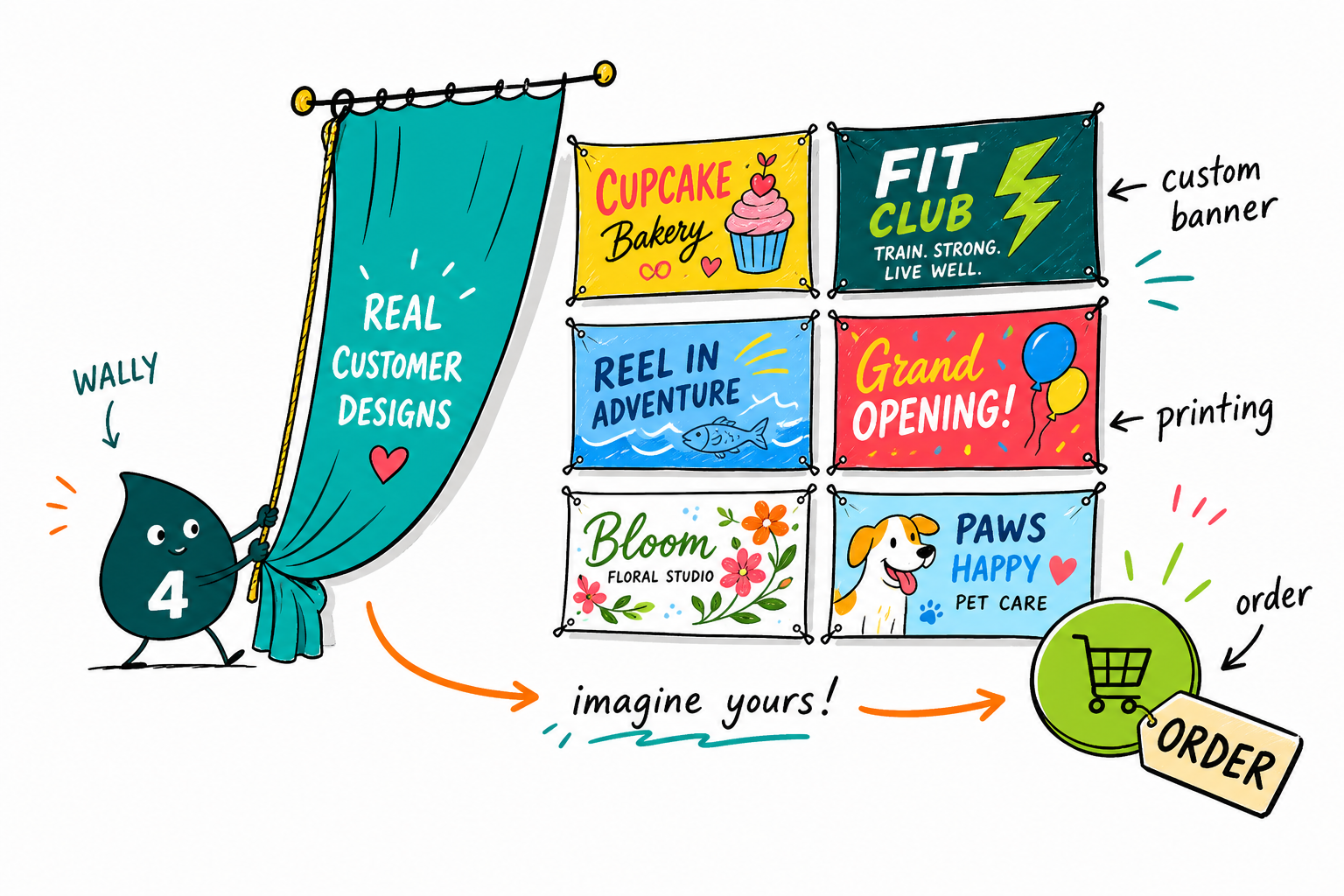 Wally the 4OVER4 mascot rolling out a custom banner and setting up a retractable stand at a trade show booth
