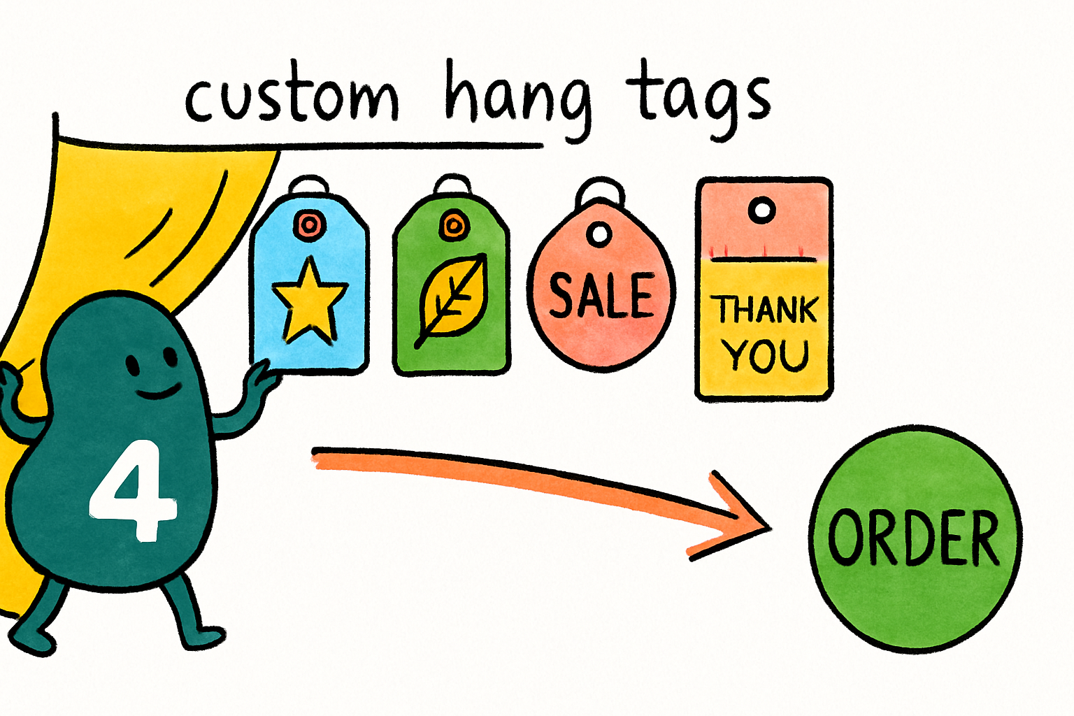 Wally the 4OVER4 mascot tying a custom die-cut hang tag onto a boutique product