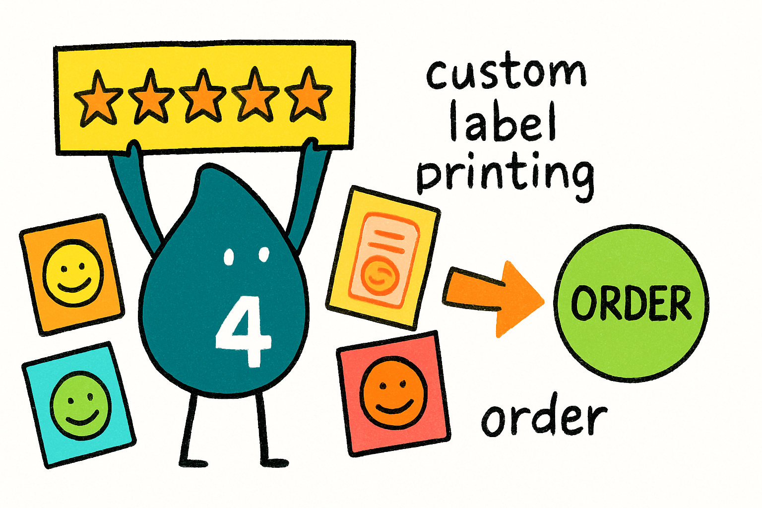 Wally from 4OVER4.COM weighs a custom label against a 4.8 star rating to show the print quality and adhesion buyers review