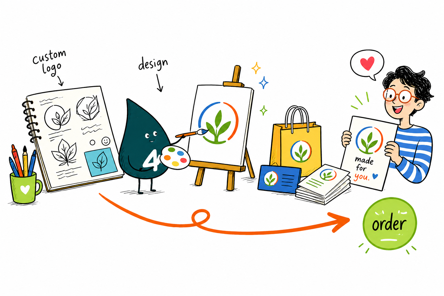 Wally from 4OVER4 turning a company logo into print-ready files for business cards, labels, and stickers