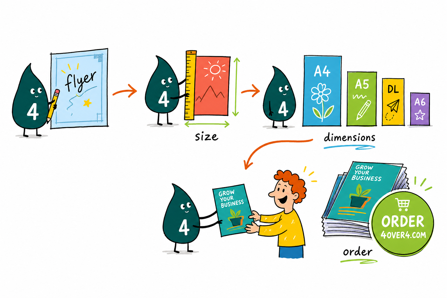 Wally, the 4OVER4 mascot with a 4, holding up flyers in several standard sizes with a ruler