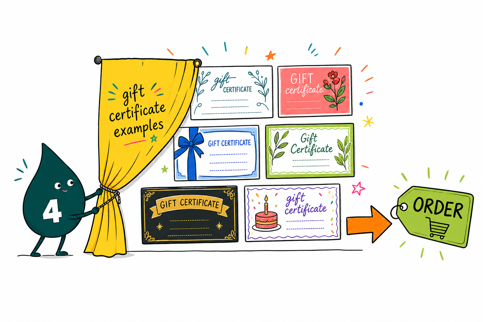 Wally the 4OVER4 mascot presenting a rack of gift certificate examples, from a festive holiday design to a spa voucher to a holographic plastic card