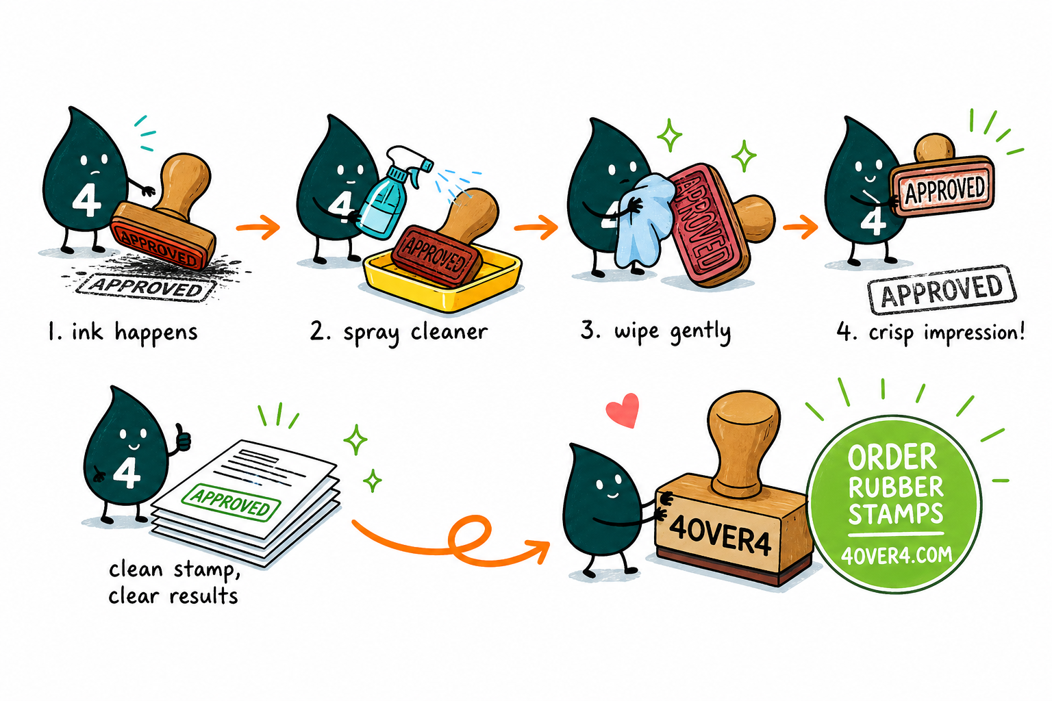Wally, the 4OVER4 mascot with a 4, wiping a rubber stamp clean so it leaves a crisp impression