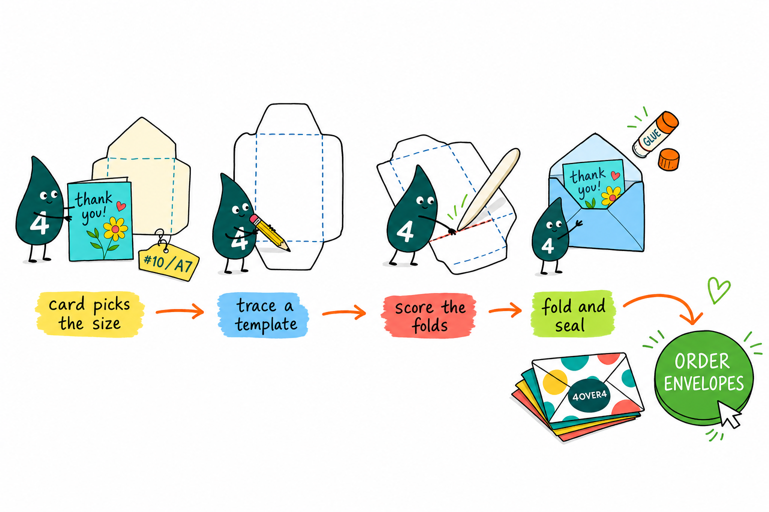 Wally, the 4OVER4 mascot with a 4, folding a sheet of paper into a crisp envelope around a card