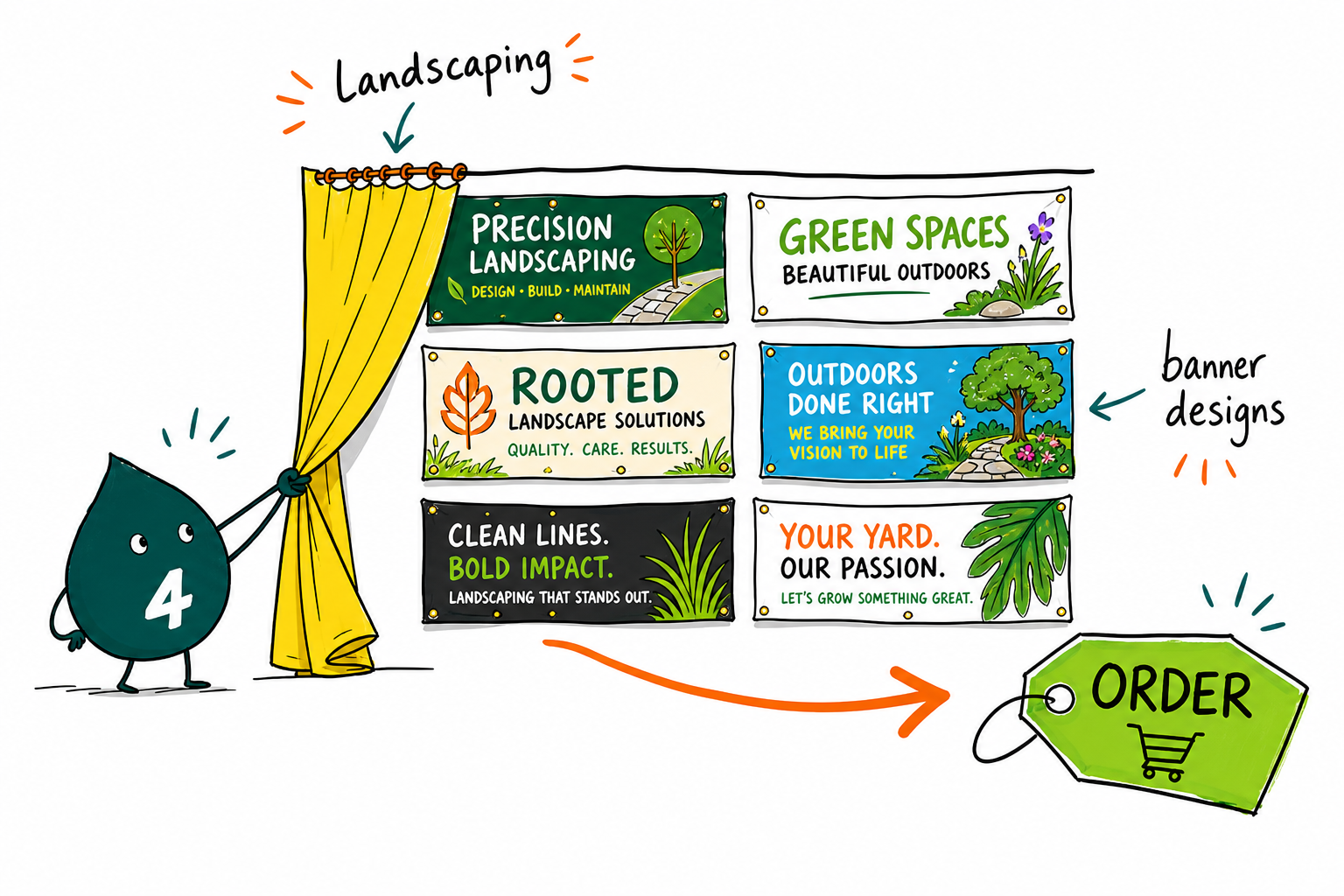 Wally the 4OVER4 mascot hanging a weatherproof landscaping banner on a fence beside a freshly cut lawn