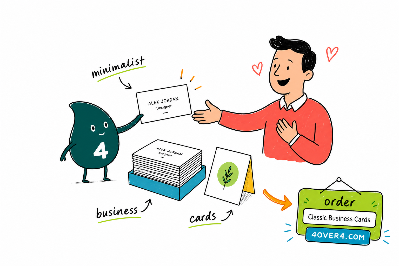 Wally from 4OVER4 showing how a minimalist business card looks elegant with clean type, one accent color, and a premium finish