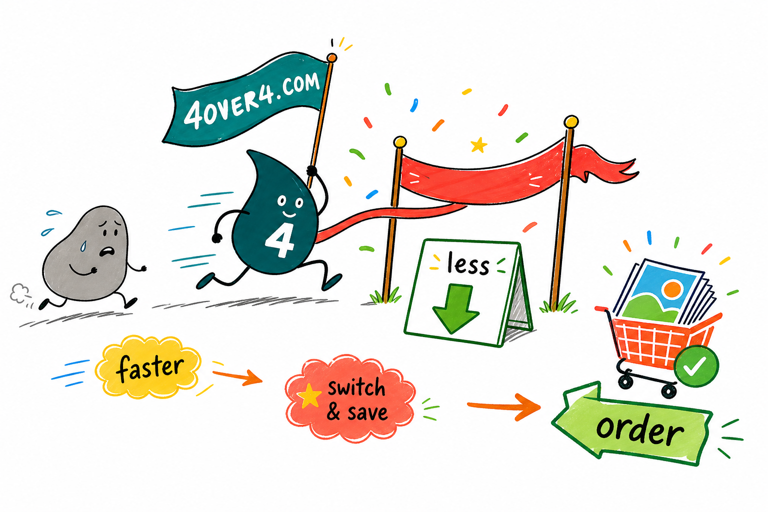 Wally the 4OVER4 mascot crosses the finish line holding a small lower price tag while a plain grey competitor blob trails behind, showing 4OVER4.COM beating MOO promo pricing every day