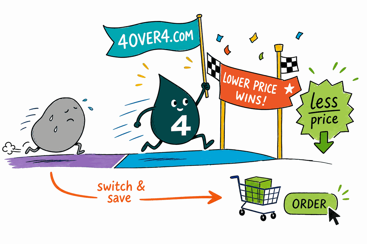 Wally the 4OVER4.COM mascot crosses the finish line ahead of MOO carrying free business cards and a free samples box, the clear winner on shipping value