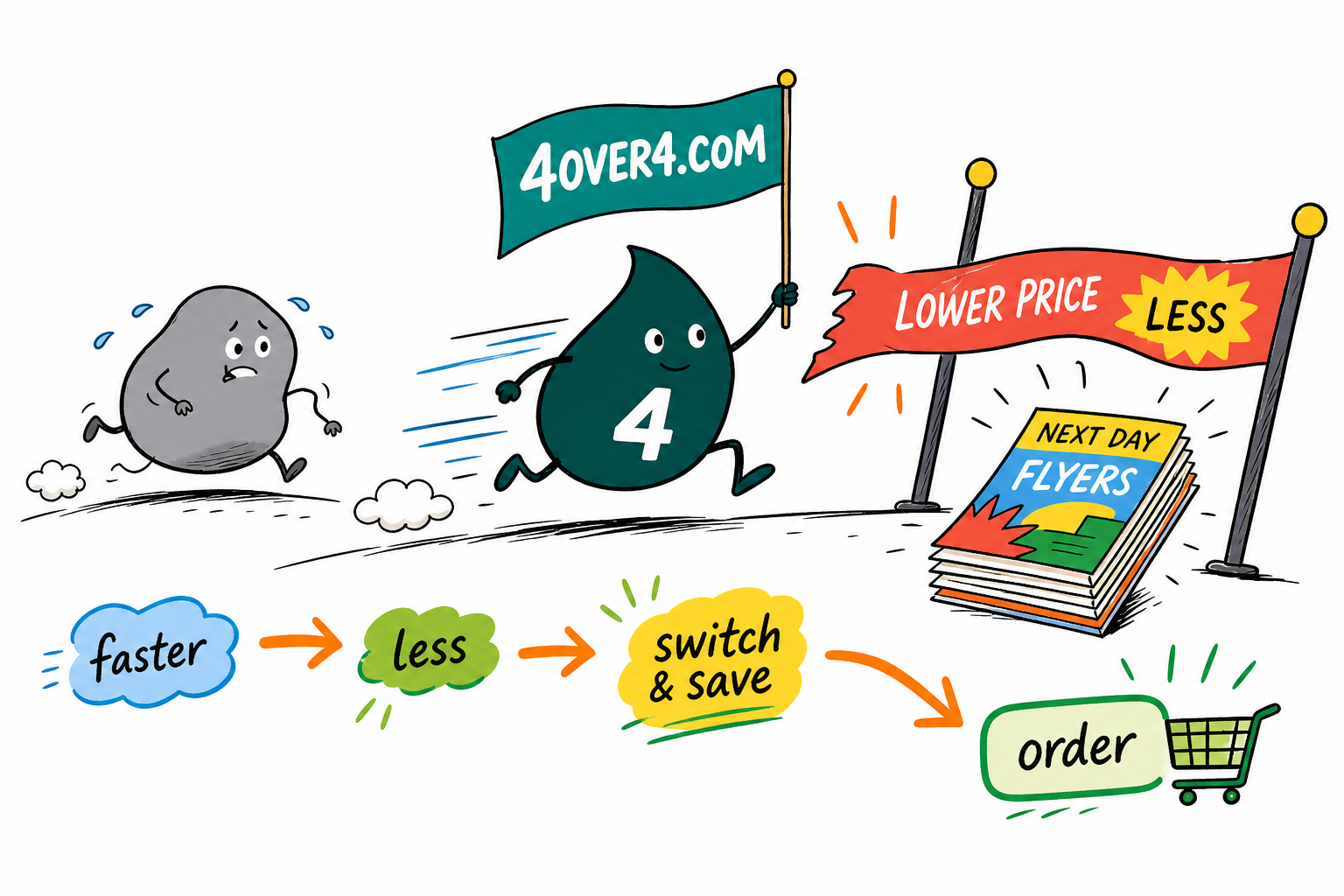 Wally the 4OVER4 mascot sprints past a grey competitor blob to the finish ribbon carrying the 4OVER4.COM flag and a lower price tag for flyer printing, the winner without a coupon