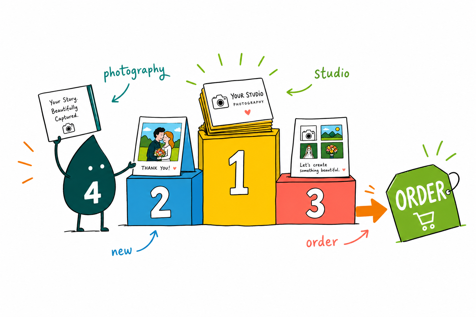 Wally, the 4OVER4 mascot holding a 4, arranging a photography business card, portfolio booklet, brochure, and thank-you card as one matching studio set