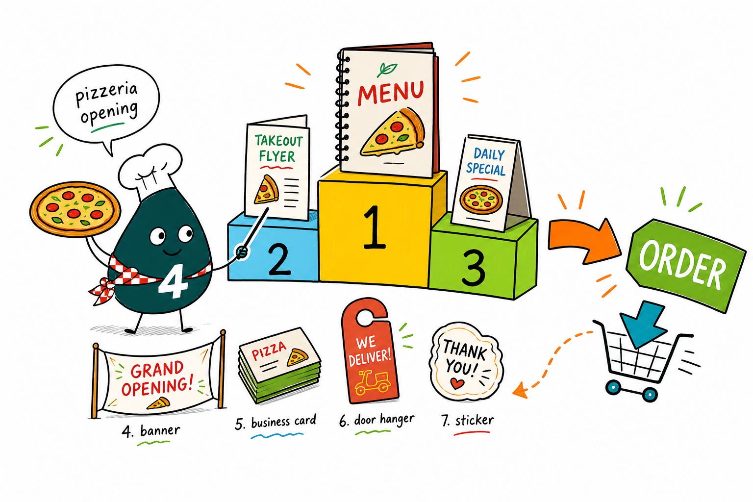 Wally, the 4OVER4 mascot holding a 4, laying out a pizzeria menu, banner, flyer, and box sticker as one matching set