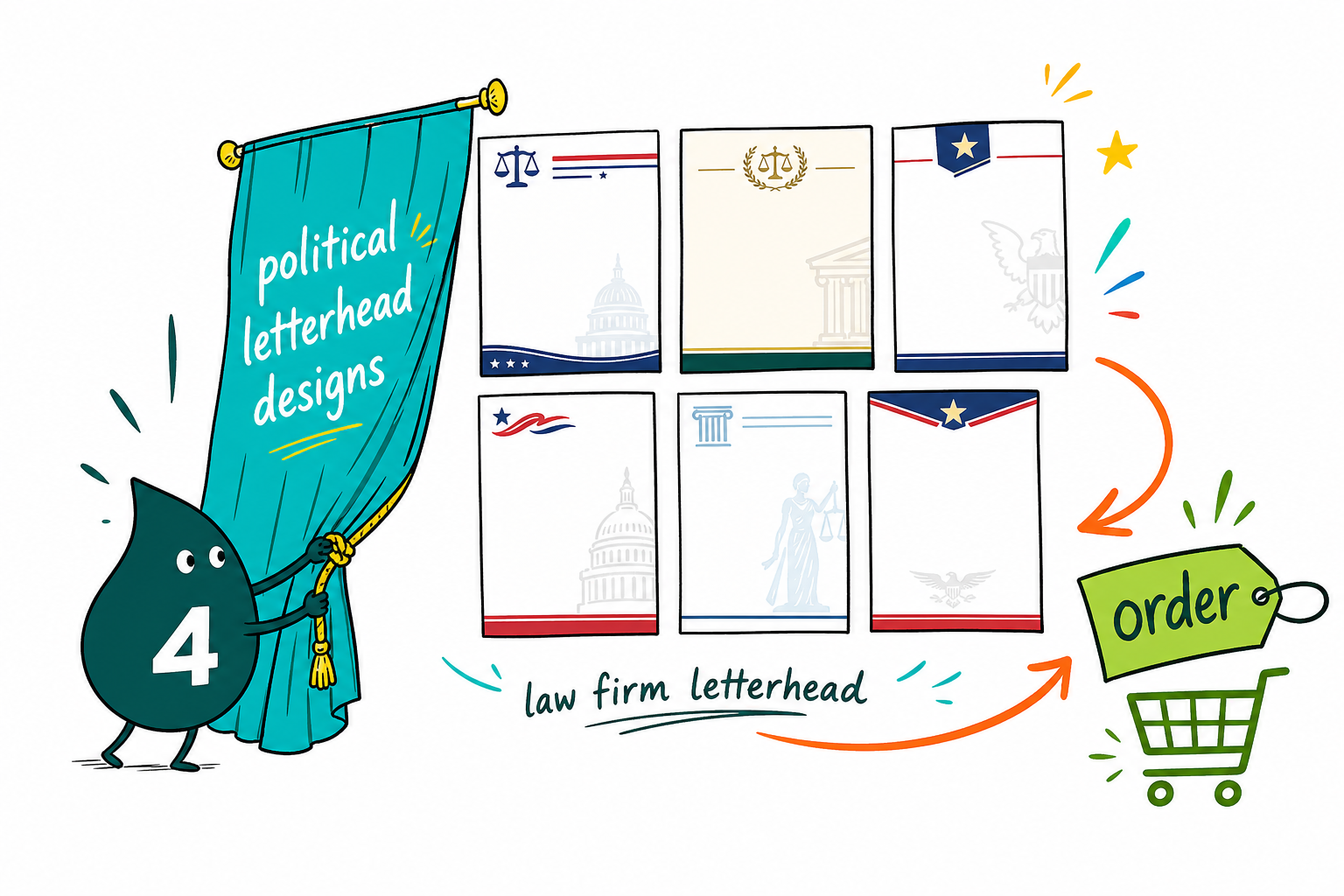Wally the 4OVER4 mascot presenting a coordinated set of political campaign letterhead, envelopes, and mailers that all share one logo, palette, and identity
