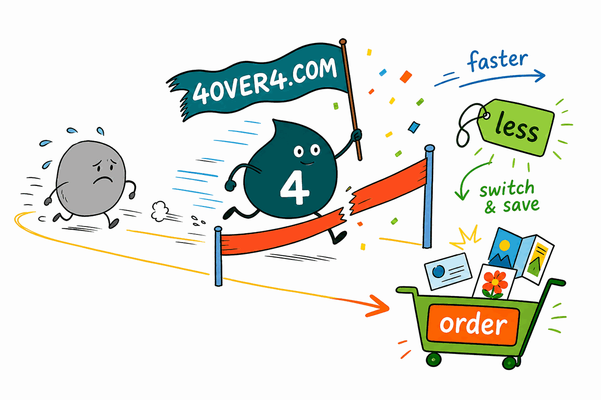 Wally the 4OVER4 mascot weighs a thin Primoprint card against a thick premium 4OVER4.COM business card
