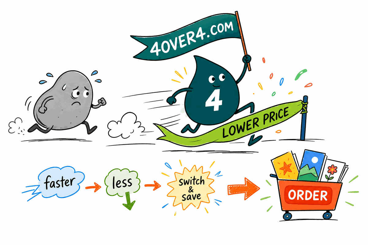Wally the 4OVER4 mascot on the winner's podium holding a discount tag as 4OVER4.COM's standing 110% price match, loyalty coins, and free samples outsave a one-time Printing for Less promo code