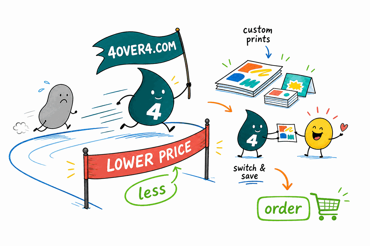 Wally the 4OVER4 mascot stands on the winner's podium holding a stack of premium printed products as 4OVER4.COM outprints PrintRunner on range, specialty stocks, guarantees, and value